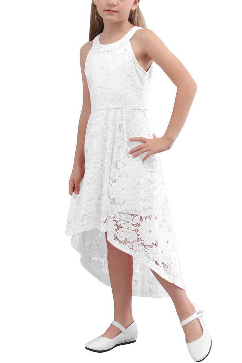 GORLYA Girl's Elegant Halter Neck Floral Lace Hi-Lo Flower Girl Birthday Party Dress for 4-14T Kids (GOR1027, 11-12Y, White) - Image 1